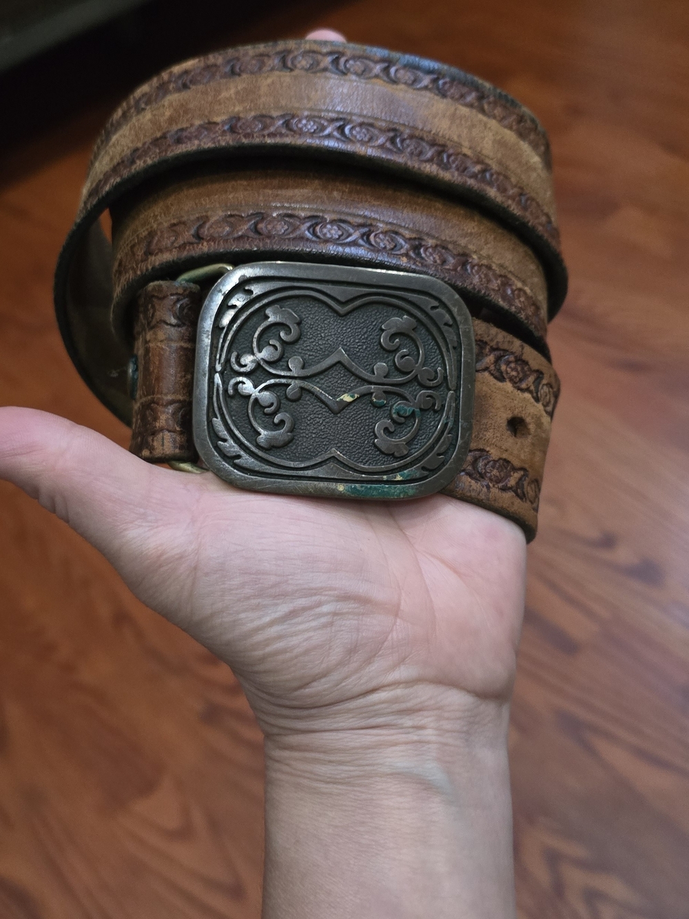 Vintage 1978 BTS Solid Brass Belt Buckle with Hand-Tooled Leather Belt